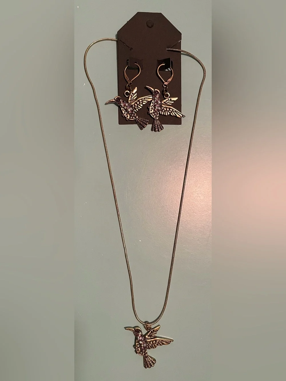 Hummingbird Necklace & Earring Set - Antique Gold Finish